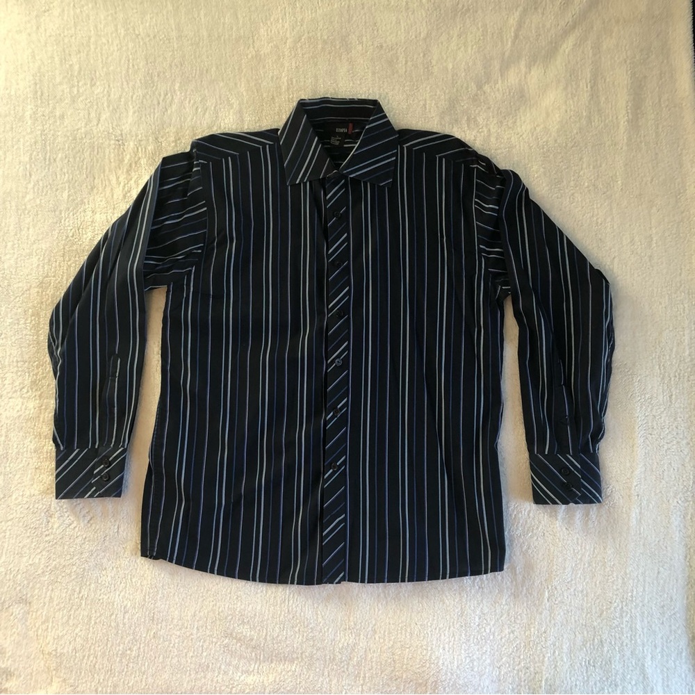 Utopia Navy Blue Striped Long Sleeve Button Down, S Large